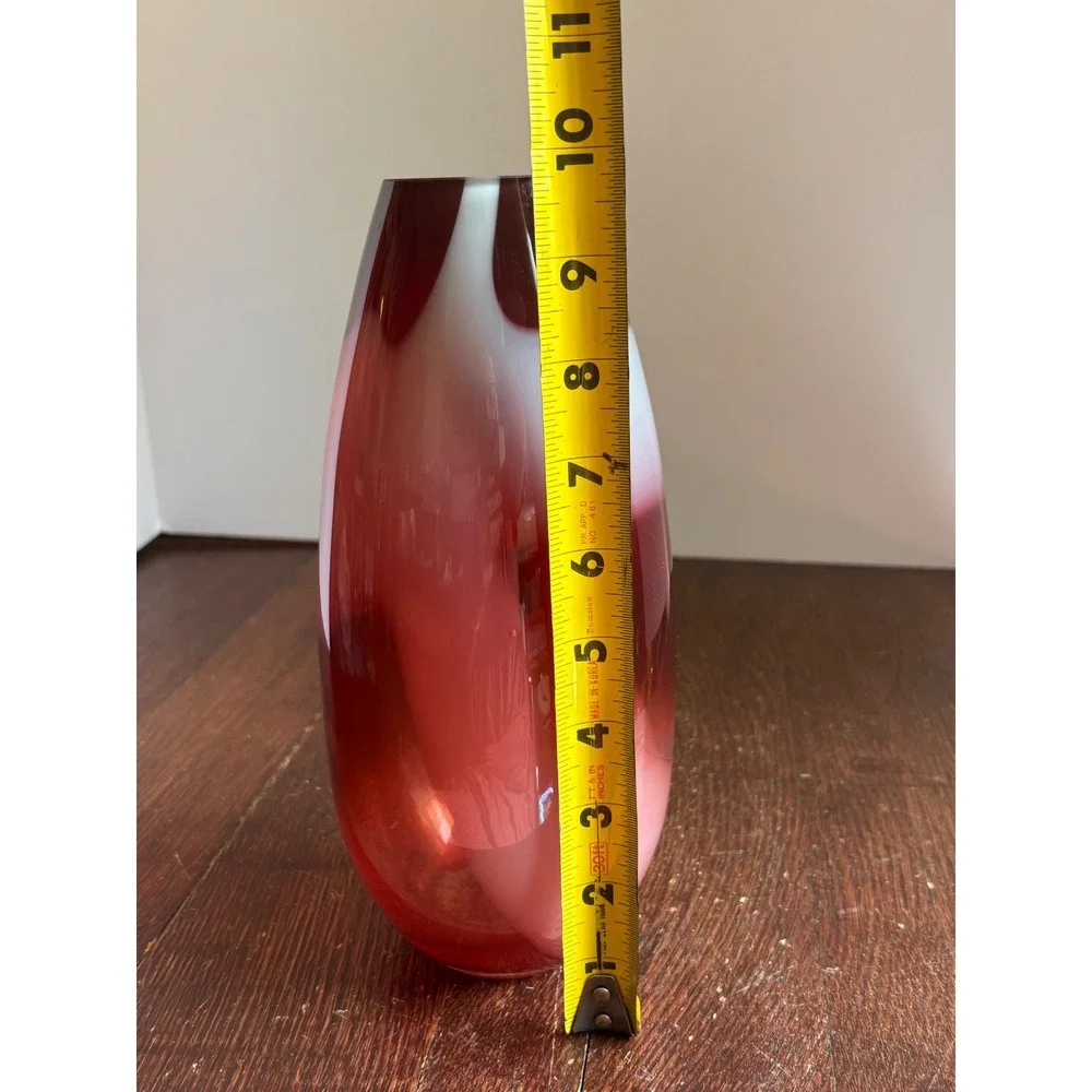 Red and White Swirl Art Glass Vase 10 Inch Mid Century Modern Cased Glass Decor